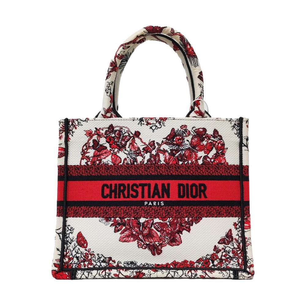 Dior White/Red Butterfly Embroidered Canvas Mini Book Tote Bag